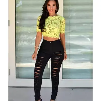 Dámské džíny Roztrhané dámské džíny s vysokým pasem - Černá,XXL