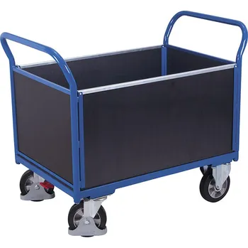 Plošinový vozík Variofit Plošinový vozík se dvěma madly a bočními stěnami s plnou výplní, Variofit, ložná plocha 199 x 75 cm, do 1 000 kg, modrá/antracit Barva: modrá RAL5010