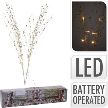 Vánoční světelná dekorace Dekorační větvička s perličkami 76 cm zlatá se třpytkami 10 LED teplá bílá