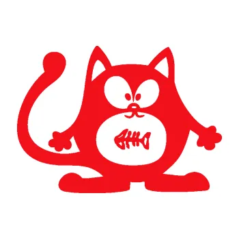 Samolepící dekorace SAMOLEPKA Kočka 042 pravá s rybou v bříšku (10 - červená) NA AUTO, NÁLEPKA, FÓLIE, POLEP, TUNING, VLASTNÍ TEXT, TISK, AUTOSAMOLEPKY.cz, POLEPY, OBRÁZEK, LOGO, SAMOLEPKY