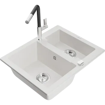 Granitový dřez Mexen Carlos granitový dřez 1,5-komorový s kuchyňskou baterií Flora, bílý - 6518-20-670401-07 Granitové dřezy s baterií