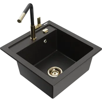 Granitový dřez Mexen Vito granitový dřez s 1 komorou a kuchyňskou baterií Flora, černý/zlatý metalik - 6503-75-670401-57-G Granitové dřezy s baterií