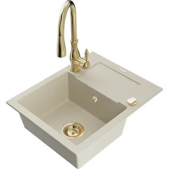 Granitový dřez Mexen Enzo granitový dřez s jednou komorou, odkapávačem a kuchyňskou baterií Savita, béžový - 6506-69-672601-50 Granitové dřezy s baterií