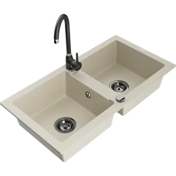 Granitový dřez Mexen Mario dvoukomorový granitový dřez s kuchyňskou baterií Telma, béžový - 6504-69-670200-70 Granitové dřezy s baterií