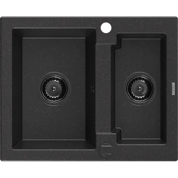 Granitový dřez Mexen Carlos žulový dřez 1,5-komorový 582 x 475 mm, černý/stříbrný metalik, černý sifon - 6518581500-73-B Granitové dřezy
