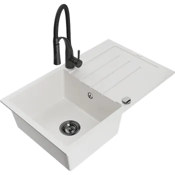 Granitový dřez Mexen Bruno granitový dřez jednokomorový s odkapávačem a kuchyňskou baterií Aster, bílý - 6513-20-73450-70-B Granitové dřezy s baterií