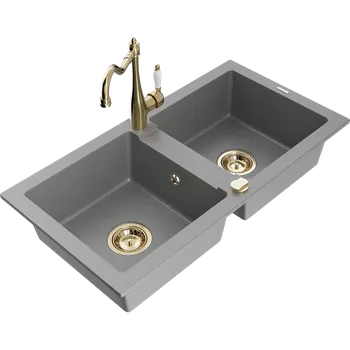 Granitový dřez Mexen Mario žulový dřez 2-komorový s kuchyňskou baterií Carla, šedý - 6504-71-670700-50 Granitové dřezy s baterií