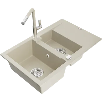 Kuchyňský dřez Mexen Gaspar granitový dřez 1,5-komorový s odkapávačem a kuchyňskou baterií Flora, béžový - 6507-69-670401-09 Granitové dřezy s baterií