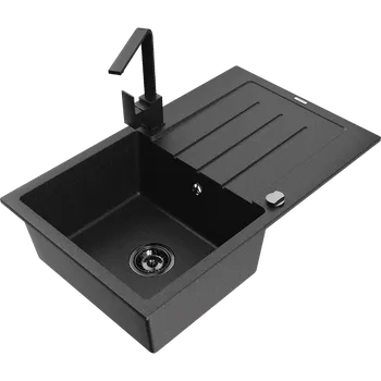 Granitový dřez Mexen Bruno granitový dřez s 1 komorou a odkapávačem a kuchyňskou baterií Rita, černý/stříbrný metalík - 6513-73-670300-70-B Granitové dřezy s baterií
