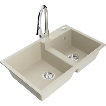 Granitový dřez Mexen Tomas žulový dřez 2-komorový s kuchyňskou baterií Elia, béžový - 6516-69-670101-00 Granitové dřezy s baterií