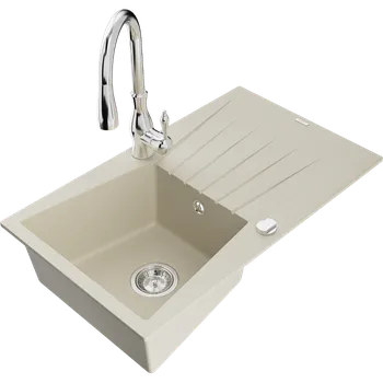 Granitový dřez Mexen Cesar granitový dřez 1-komorový s odkapávačem a kuchyňská baterie Savita, béžový - 6514-69-672601-00 Granitové dřezy s baterií