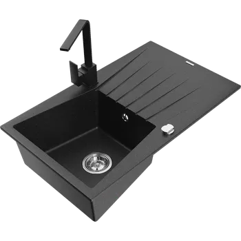 Granitový dřez Mexen Cesar granitový dřez s 1-komorou s odkapávačem a kuchyňskou baterií Rita, černý/stříbrný metalický - 6514-73-670300-70 Granitové dřezy s baterií
