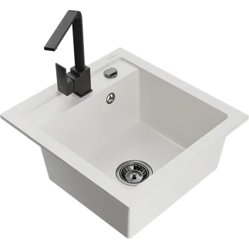 Granitový dřez Mexen Vito granitový dřez s 1 komorou a kuchyňskou baterií Rita, bílá - 6503-20-670300-70 Granitové dřezy s baterií