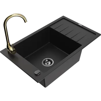 Granitový dřez Mexen Elias granitový dřez 1-komorový s odkapávačem a kuchyňskou baterií Telma, černý - 6511-77-670200-50-B Granitové dřezy s baterií