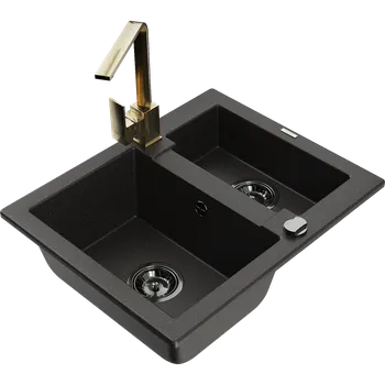 Granitový dřez Mexen Carlos granitový dřez 1,5-komorový s kuchyňskou baterií Rita, černý/zlatý metalik - 6518-75-670300-50-B Granitové dřezy s baterií