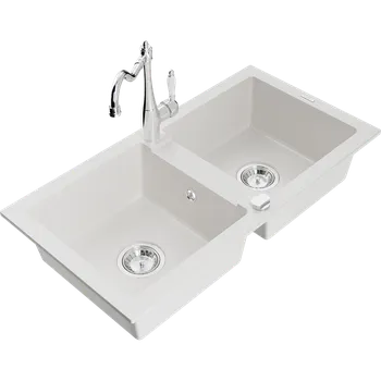 Granitový dřez Mexen Mario dvoukomorový žulový dřez s kuchyňskou baterií Carla, bílý - 6504-20-670700-00 Granitové dřezy s baterií