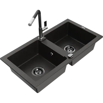 Granitový dřez Mexen Mario žulový dřez 2-komorový s kuchyňskou baterií Flora, černý/zlatý metalík - 6504-75-670401-07-B Granitové dřezy s baterií