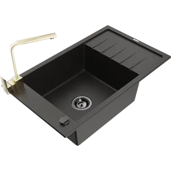 Granitový dřez Mexen Elias granitový dřez 1-komorový s odkapávačem a kuchyňskou baterií Rita, černý/zlatý metalický - 6511-75-670300-50-B Granitové dřezy s baterií