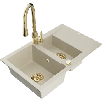 Granitový dřez Mexen Gaspar granitový dřez 1,5-komorový s odkapávačem a kuchyňskou baterií Savita, béžový - 6507-69-672601-50 Granitové dřezy s baterií