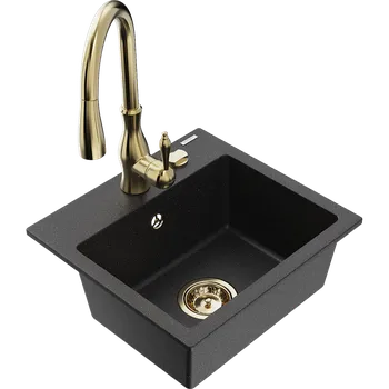 Granitový dřez Mexen Milo granitový jednodřez s kuchyňskou baterií Savita, černý/stříbrný metalický- 6505-73-672601-50 Granitové dřezy s baterií