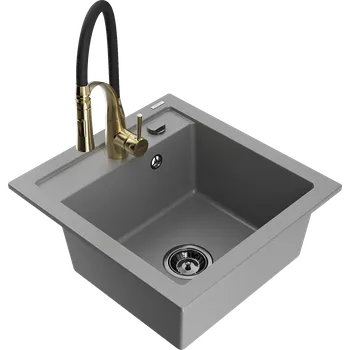 Granitový dřez Mexen Vito granitový dřez 1-komorový s kuchyňskou baterií Aster, šedý - 6503-71-73450-57-B Granitové dřezy s baterií