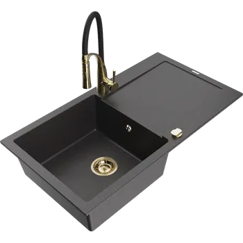 Granitový dřez Mexen Leo jedno-komorový žulový dřez s odkapávačem a kuchyňskou baterií Aster, černý melírovaný - 6501-76-73450-57-G Granitové dřezy s baterií