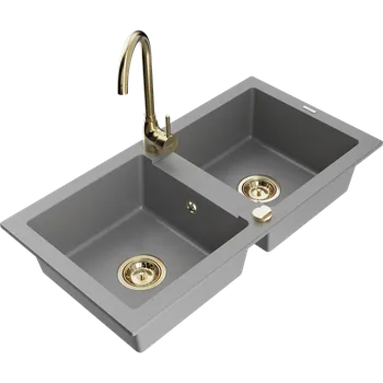 Granitový dřez Mexen Mario žulový dřez s 2 komorami a kuchyňskou baterií Telma, šedý - 6504-71-670200-50 Granitové dřezy s baterií