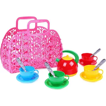 nádobí do dětské kuchyňky Teddies Sada nádobí plast 3 barvy v plastové tašce/kabelce 25x22x11 cm