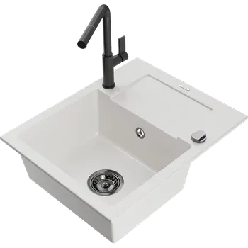 Granitový dřez Mexen Enzo granitový dřez 1-komorový s odkapávačem a kuchyňskou baterií Flora, bílý - 6506-20-670401-70-B Granitové dřezy s baterií