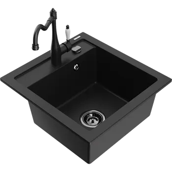 Granitový dřez Mexen Vito kuchyňský dřez z granitu s 1 komorou a kuchyňskou baterií Carla, černý - 6503-77-670700-70-B Granitové dřezy s baterií
