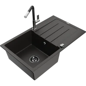 Granitový dřez Mexen Bruno granitový dřez 1-komorový s odkapávačem a kuchyňskou baterií Flora, černý/zlatý metalik - 6513-75-670401-07-B Granitové dřezy s baterií