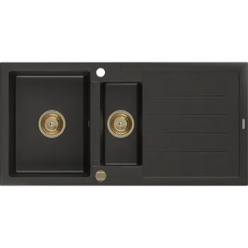 Granitový dřez Mexen Andres granitový dřez 1,5-komorový s odkapávačem 1000 x 500 mm černý/zlatý metalický, zlatý sifon - 6515101510-75-G Granitové dřezy