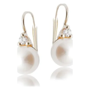 Náušnice Zlaté náušnice zirkon , přírodní bílá perla - VE120 - žluté zlato (Náušnice s přírodní perlou ve žlutém zlatě)