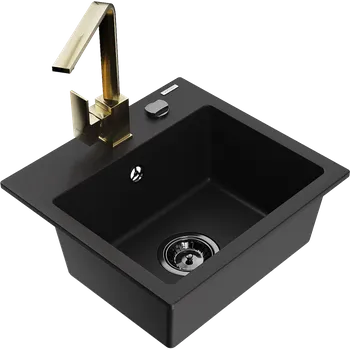 Granitový dřez Mexen Milo granitový dřez 1-komorový s kuchyňskou baterií Rita, černý - 6505-77-670300-50-B Granitové dřezy s baterií