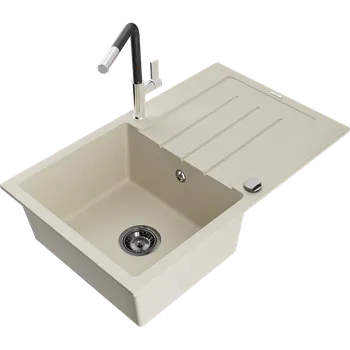Mexen Bruno granitový dřez 1-komorový s odkapávačem a kuchyňskou baterií Flora, béžový - 6513-69-670401-07-B Granitové dřezy s baterií