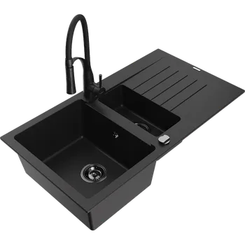 Granitový dřez Mexen Matias granitový dřez 1,5-komorový s odkapávačem a kuchyňskou baterií Aster, černý - 6502-77-73450-70-B Granitové dřezy s baterií