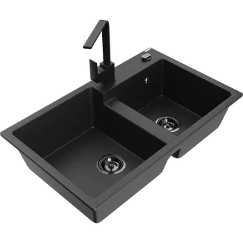 Granitový dřez Mexen Tomas žulový dřez 2-komorový s kuchyňskou baterií Rita, černý/stříbrný metalik - 6516-73-670300-70-B Granitové dřezy s baterií