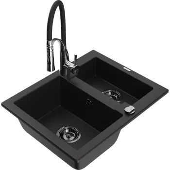 Granitový dřez Mexen Carlos granitový dřez 1,5komorový s kuchyňskou baterií Aster, černý - 6518-77-73450-07-B Granitové dřezy s baterií