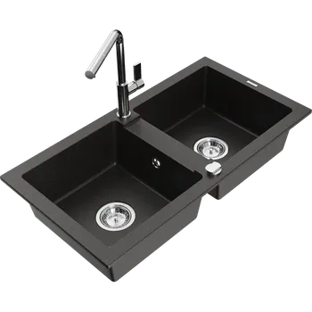 Granitový dřez Mexen Mario dvoukomorový žulový dřez s kuchyňskou baterií Flora, černý/zlatý metalik - 6504-75-670401-00 Granitové dřezy s baterií