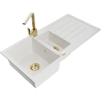 Granitový dřez Mexen Andres granitový dřez 1,5-komorový s odkapávačem a kuchyňskou baterií Rita, bílý - 6515-20-670300-50 Granitové dřezy s baterií