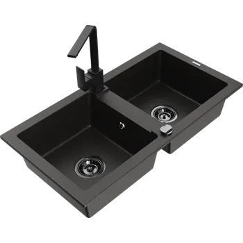 Granitový dřez Mexen Mario žulový dřez 2-komorový s kuchyňskou baterií Rita, černý/zlatý metalik - 6504-75-670300-70-B Granitové dřezy s baterií