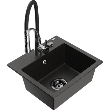 Granitový dřez Mexen Milo dřez granitový 1-komorový s kuchyňskou baterií Aster, černý/zlatý metalík - 6505-75-73450-07-B Granitové dřezy s baterií