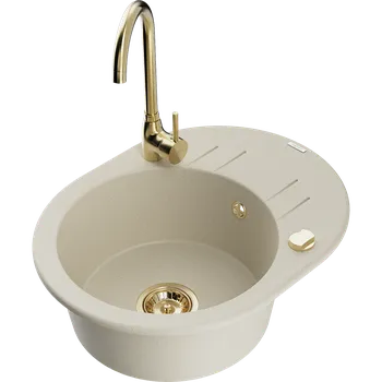 Granitový dřez Mexen Kevin granitový dřez 1-komorový s odkapávačem a kuchyňskou baterií Telma, béžový - 6517-69-670200-50 Granitové dřezy s baterií