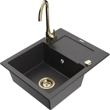 Granitový dřez Mexen Enzo granitový dřez 1-komorový s odkapávačem a kuchyňskou baterií Telma, černý tečkovaný - 6506-76-670200-50 Granitové dřezy s baterií