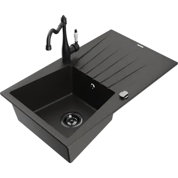 Mexen Cesar žulový dřez s 1 komorou, odkapávačem a kuchyňskou baterií Carla, černá/zlatý metalik - 6514-75-670700-70-B Granitové dřezy s baterií