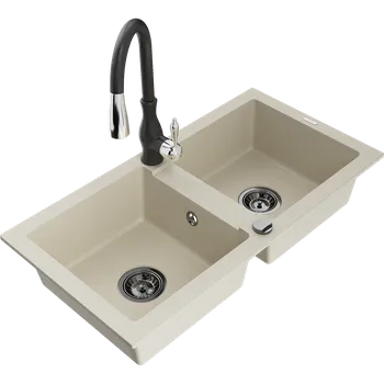 Granitový dřez Mexen Mario dřez žulový dvoukomorový s kuchyňskou baterií Savita, béžový - 6504-69-672601-70 Granitové dřezy s baterií
