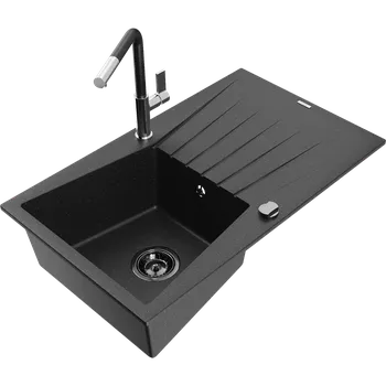 Granitový dřez Mexen Cesar granitový dřez 1-komorový s odkapávačem a kuchyňskou baterií Flora, černý/stříbrný metalik - 6514-73-670401-07-B Granitové dřezy s baterií