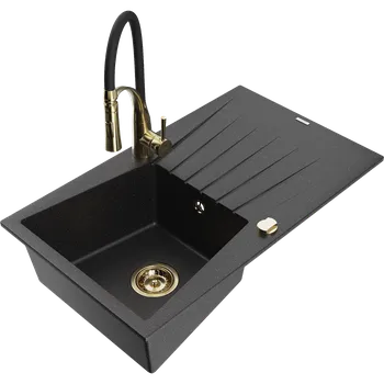 Granitový dřez Mexen Cesar granitový dřez s jednou komorou s odkapávačem a kuchyňskou baterií Aster, černý/stříbrný metalický Granitové dřezy s baterií