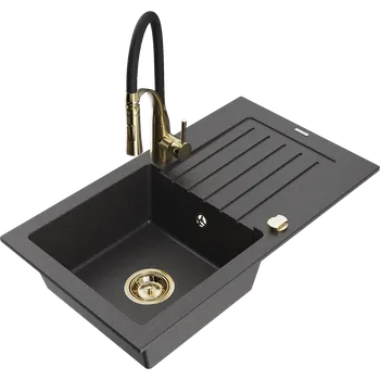 Granitový dřez Mexen Pablo granitový dřez 1-komorový s odkapávačem a kuchyňskou baterií Aster, černý skvrnitý - 6510-76-73450-57-G Granitové dřezy s baterií