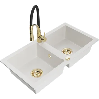 Granitový dřez Mexen Mario žulový dřez 2-komorový s kuchyňskou baterií Aster, bílý - 6504-20-73450-57-G Granitové dřezy s baterií